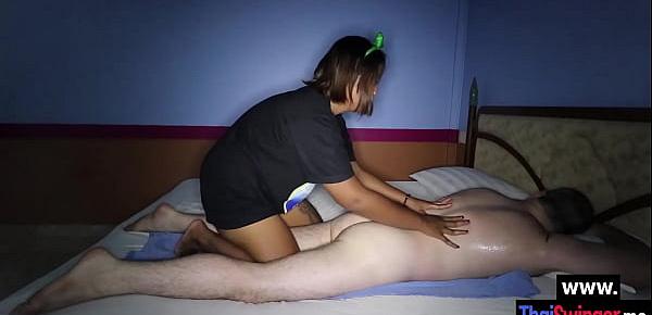  Cute Asian teen Ja blowjob and cowgirl after she massage guys big dick